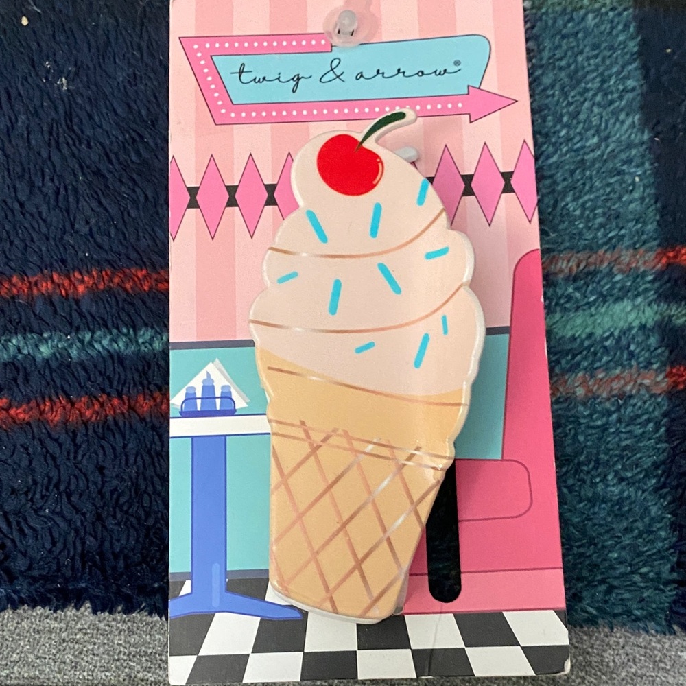 twig & arrow Ice Cream Cone Hair Clip— Cream & Tan with Red Cherry